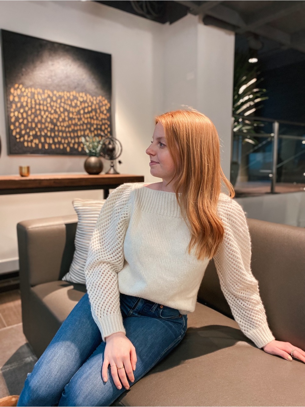 LoveShackFancy Cream Open-Knit Puff Sleeve Sweater